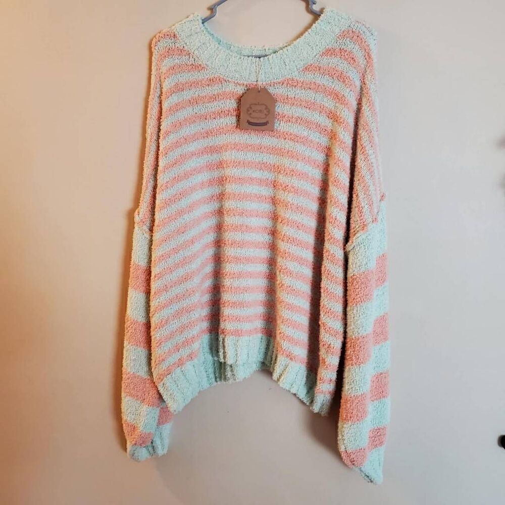 Kori America Fuzzy Fleece Striped Sweater NWT Oversized SZ L Womens